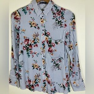 Bershka Floral Striped Button Down Blouse XS White Navy Viscose